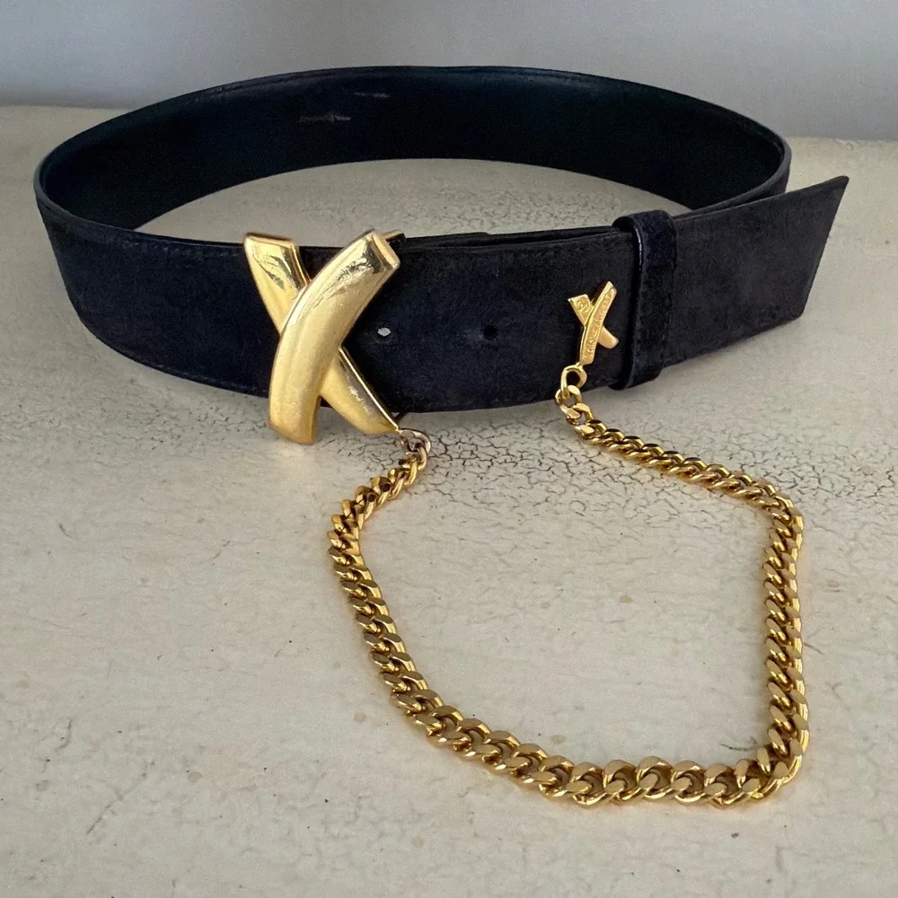 Paloma Picasso Black Suede Leather Belt Gold X Buckle Chain Vintage Italy M/75